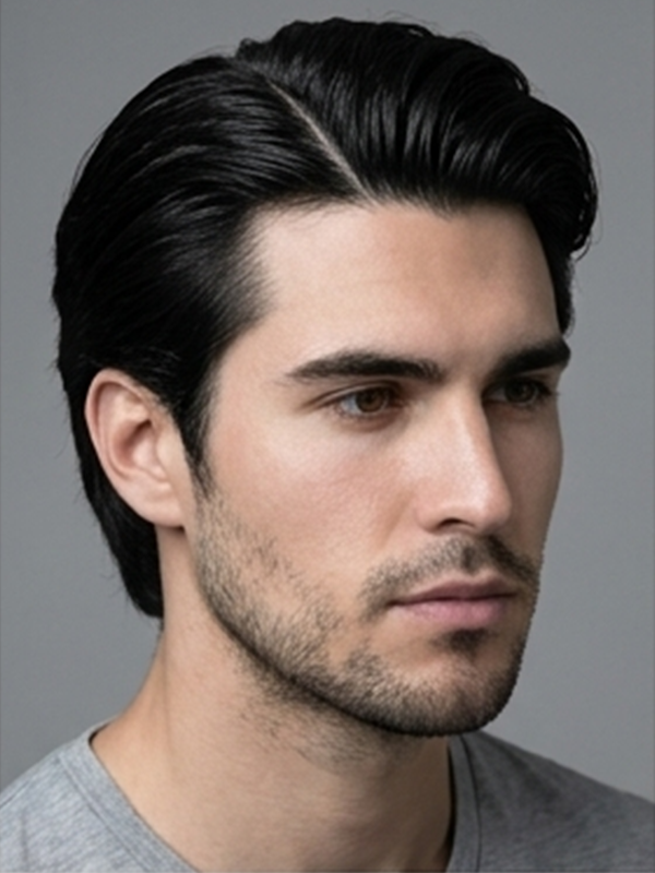 Middle part opaco su un uomo con capelli lisci e scuri