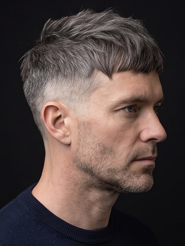 French crop moderno con mid fade su un ragazzo giovane