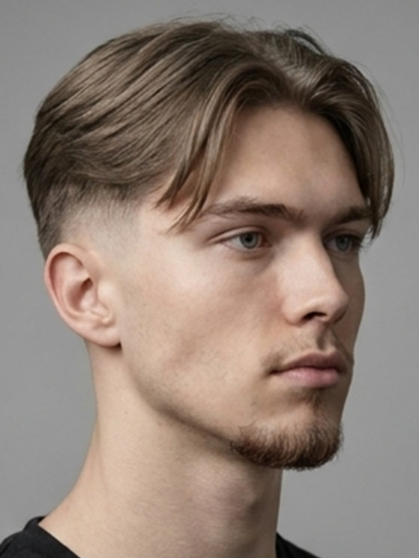 Curtains classici con riga centrale su un uomo con capelli castani lisci