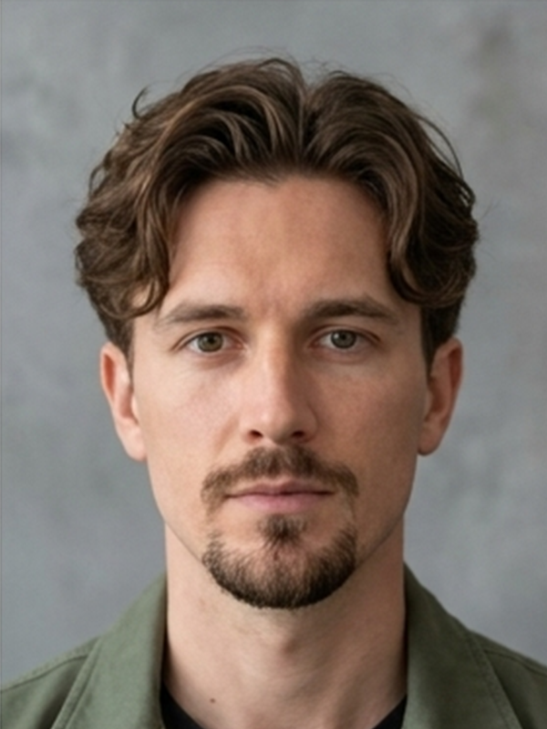 Curtains con barba leggera su un uomo sulla trentina