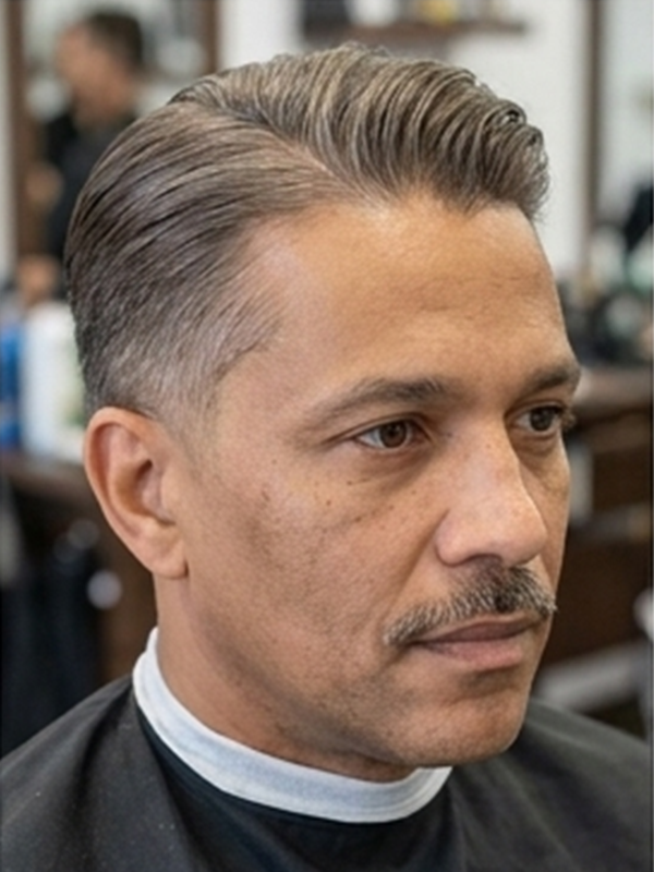 Slick back con riga centrale su un uomo con la barba