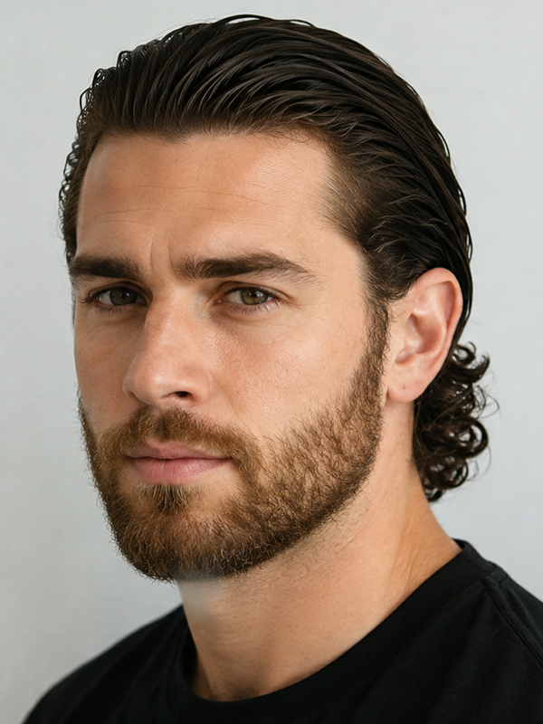 Slick back classico lucido su un uomo con capelli scuri