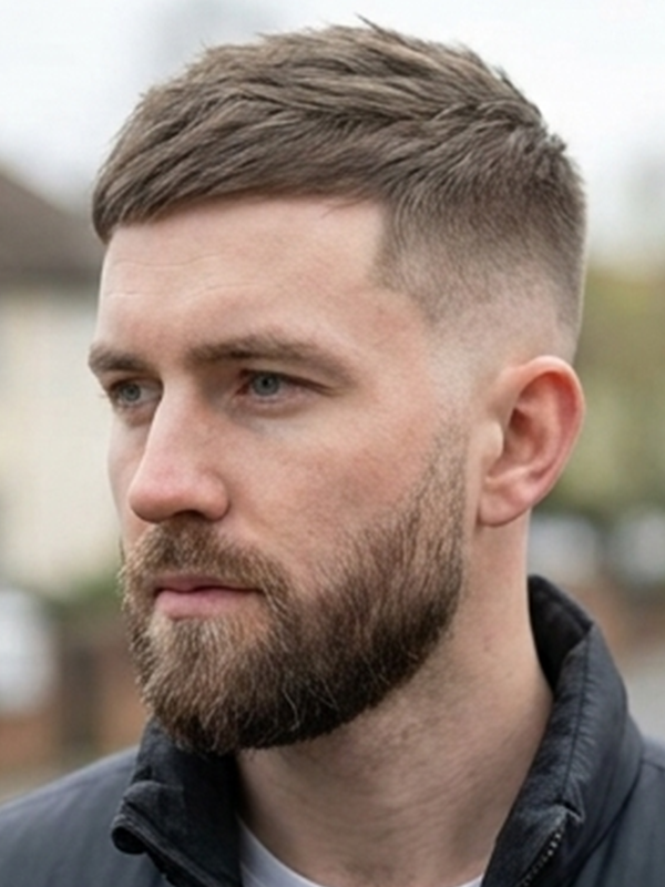 Crew cut classico su un uomo con capelli scuri
