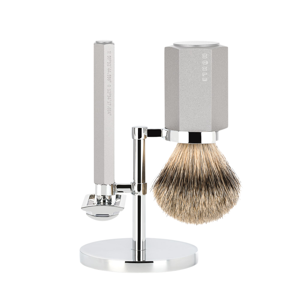 Set da barba Hexagon - Grigio Argento - Rasoio di Sicurezza - Dashaar
